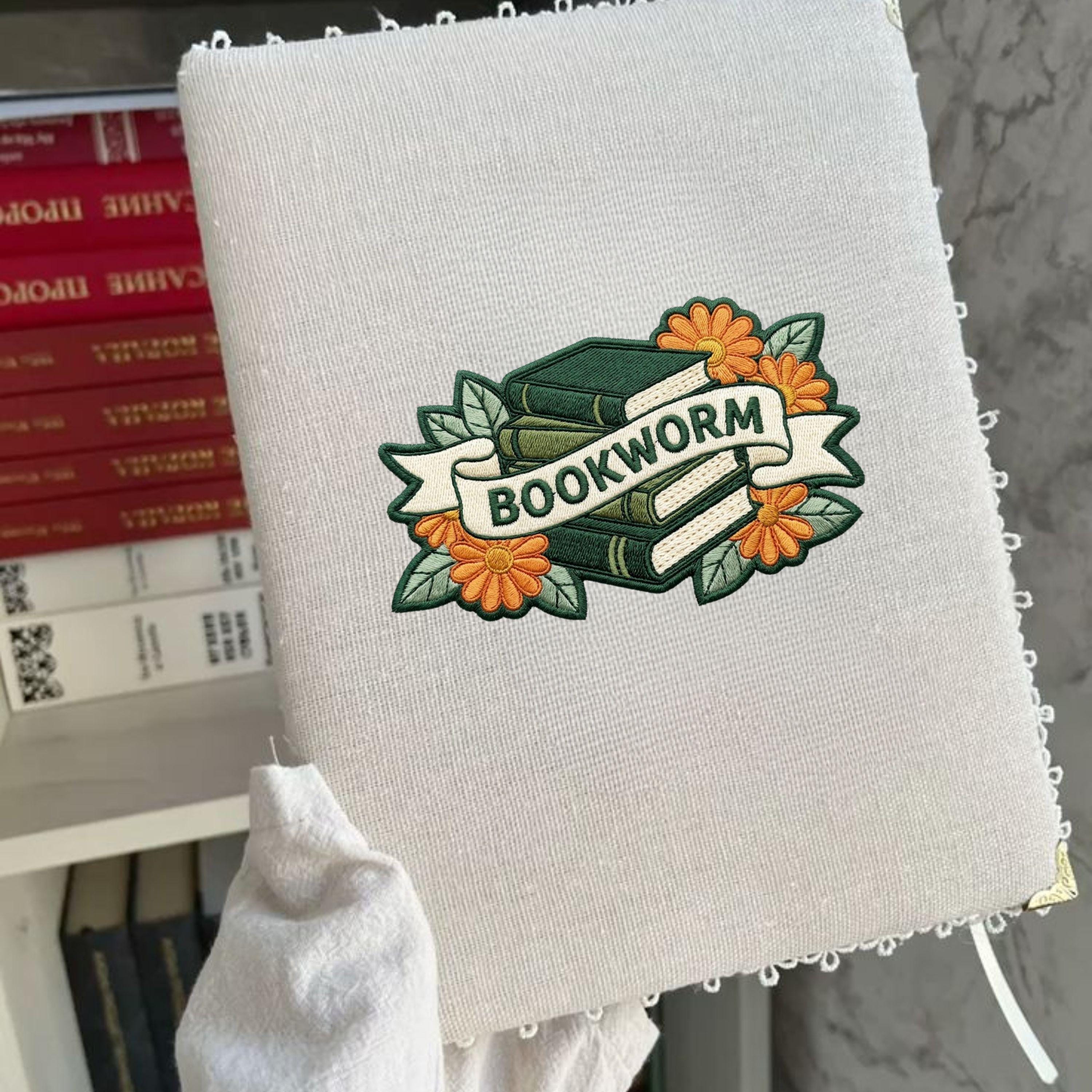 Bookworm Embroidery Design: Stacked Books, Floral Accents (Digital Download)