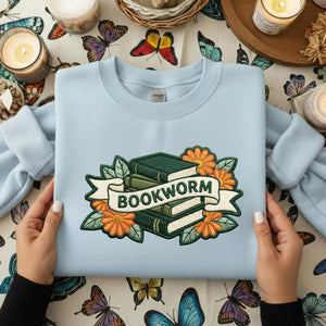 Bookworm Embroidery Design: Stacked Books, Floral Accents (Digital Download)