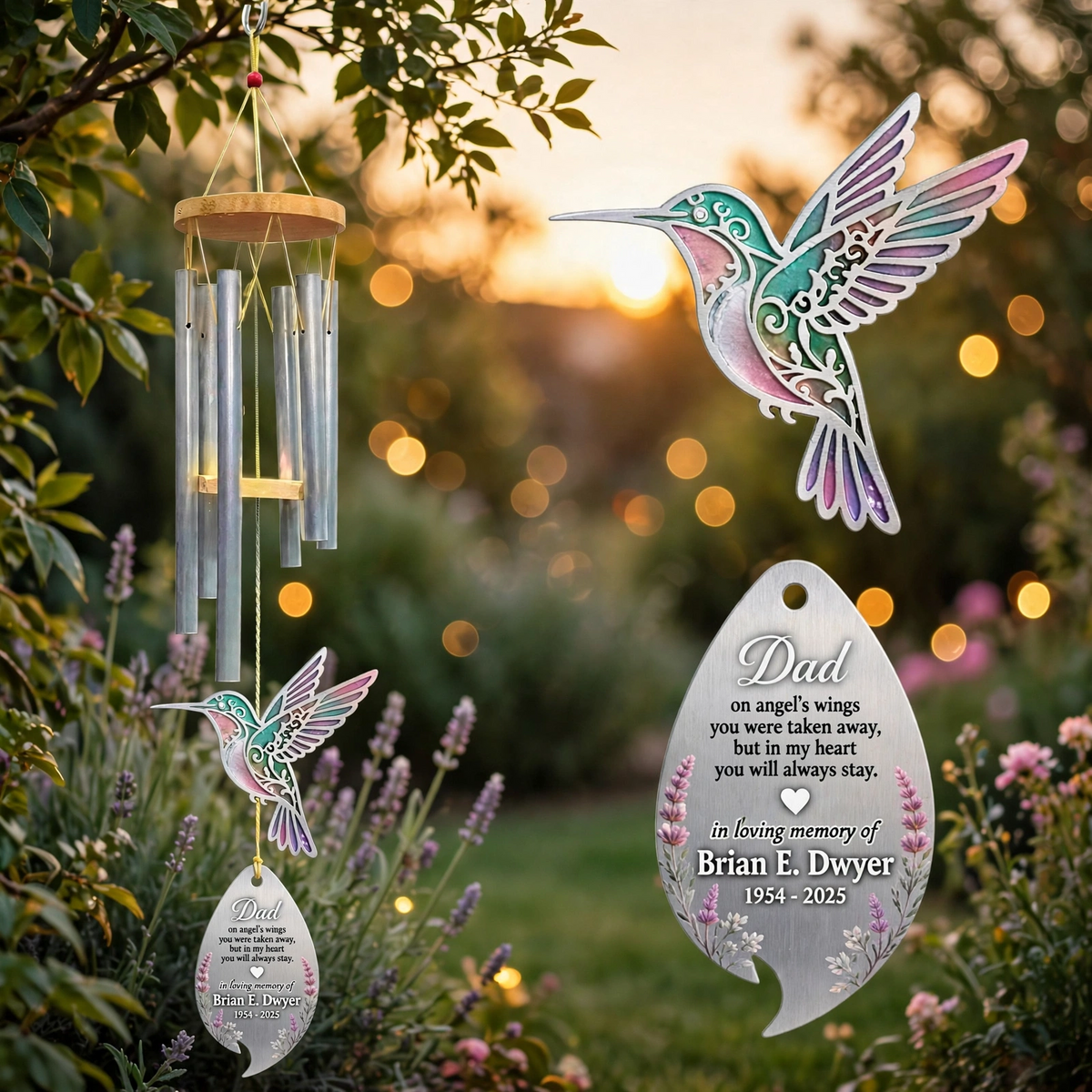 Memorial Wind Chimes For Loss Of Father, Personalized Dad Hummingbird Sympathy Gift
