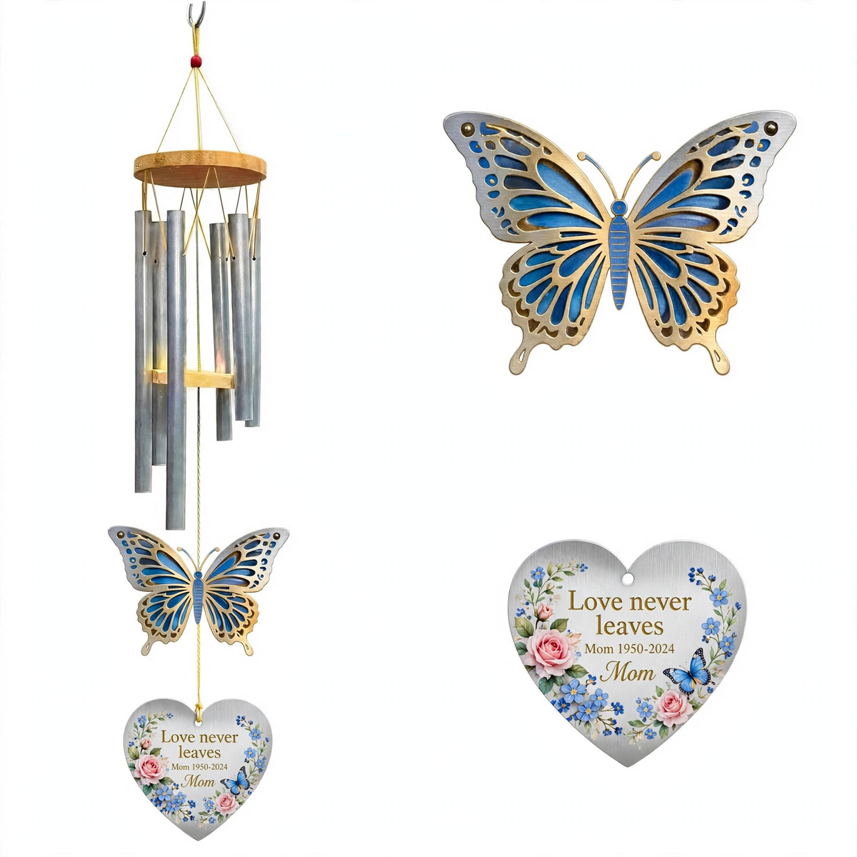 Personalized Memorial Wind Chimes For Loss Of Mother, Gold Butterfly