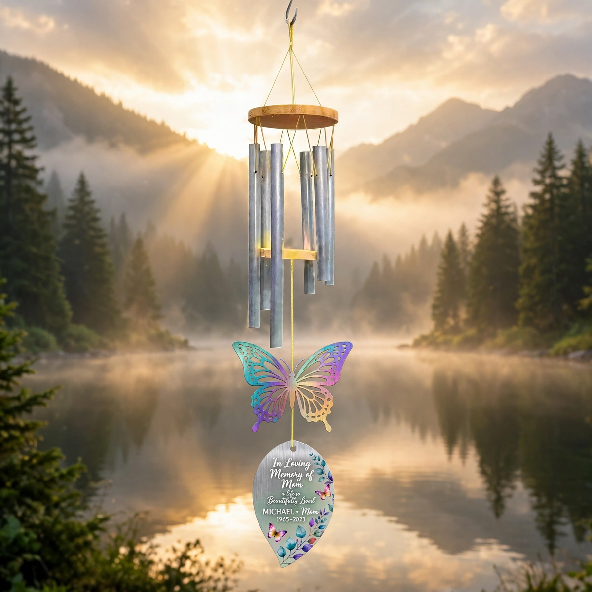Personalized Memorial Wind Chimes For Loss Of Mother, Rainbow Butterfly