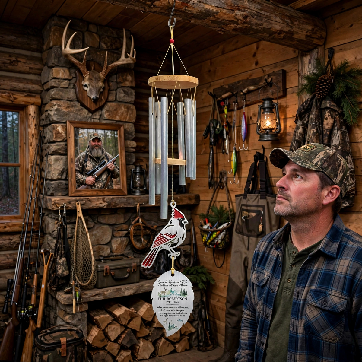 Memorial Wind Chimes For Loss Of Father, Custom Hunting Fishing Cardinal Dad Sympathy Gift
