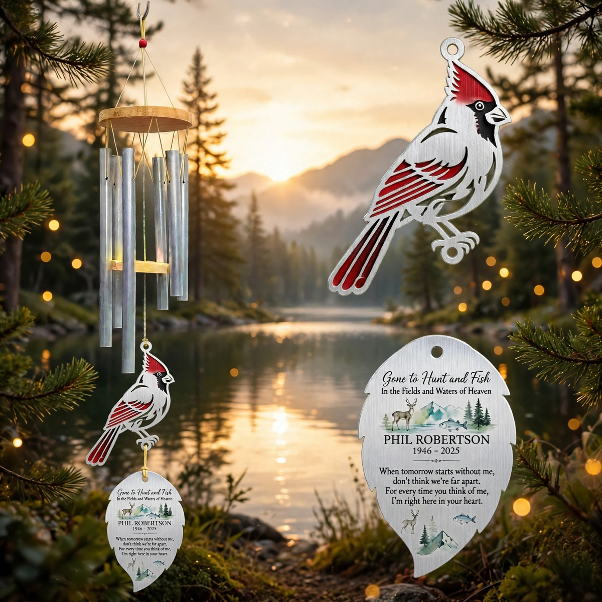 Memorial Wind Chimes For Loss Of Father, Custom Hunting Fishing Cardinal Dad Sympathy Gift