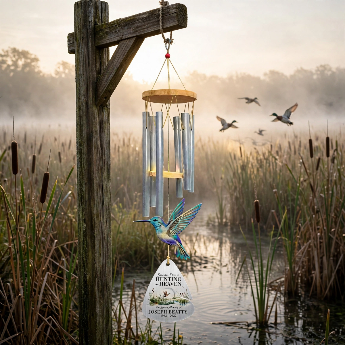 Personalized Memorial Wind Chimes For Loss Of Father, Custom Hunting Hummingbird Dad Sympathy Gift