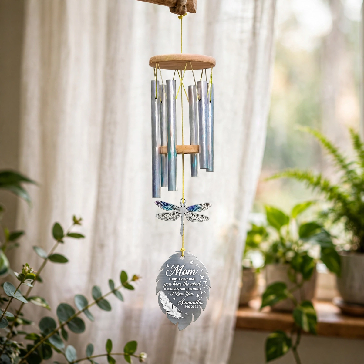 Personalized Memorial Wind Chimes For Loss Of Mother, Dragonfly Feather
