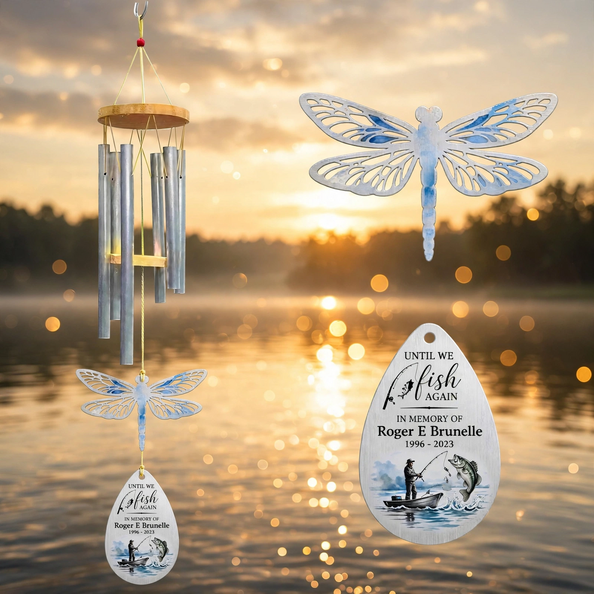 Personalized Memorial Wind Chimes For Loss Of Father, Custom Fishing Dragonfly