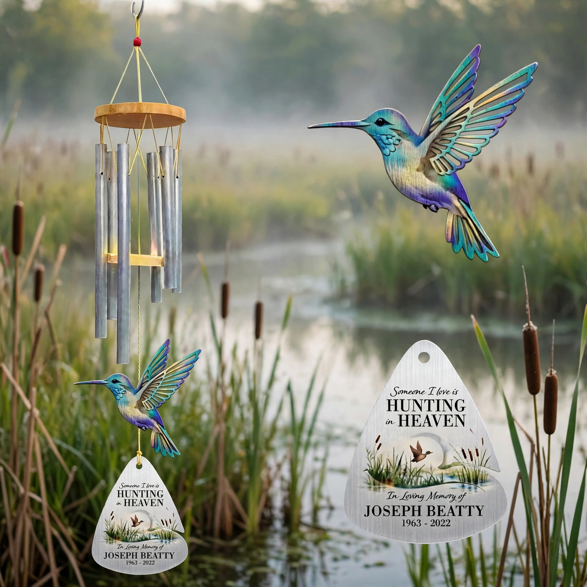 Personalized Memorial Wind Chimes For Loss Of Father, Custom Hunting Hummingbird Dad Sympathy Gift