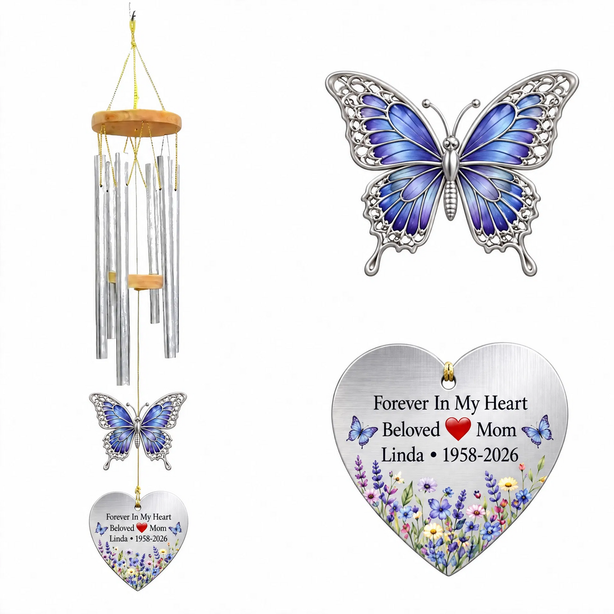Personalized Memorial Wind Chimes For Loss Of Mother, Silver Heart Blue Butterfly
