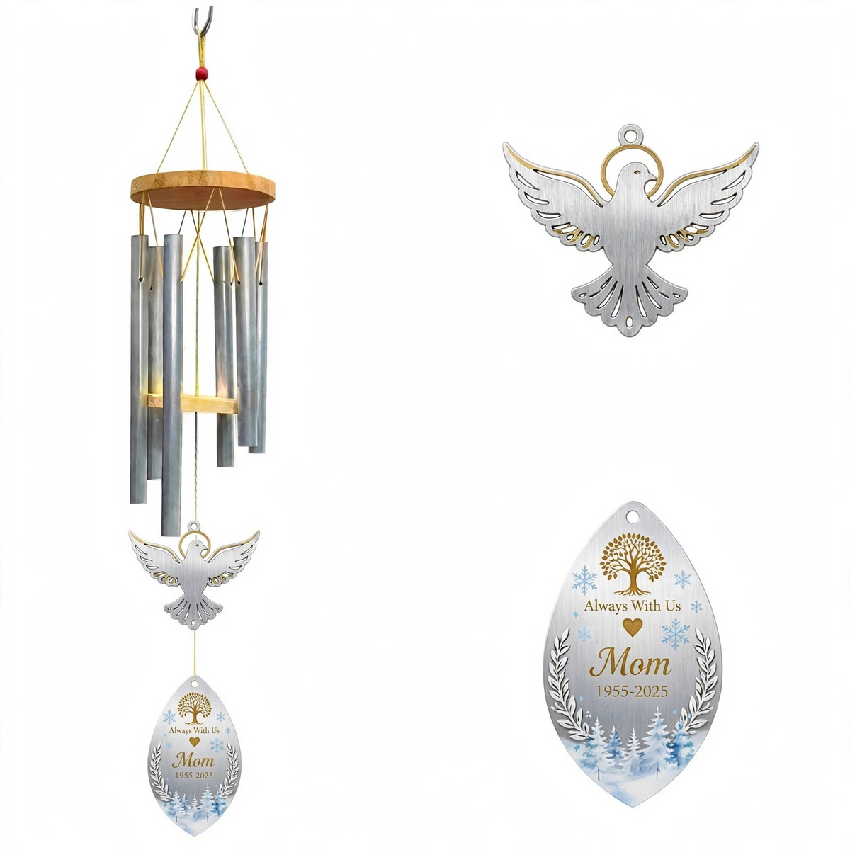Personalized Memorial Wind Chimes For Loss Of Mother, Halo Dove Winter Tree Of Life Teardrop Plaque