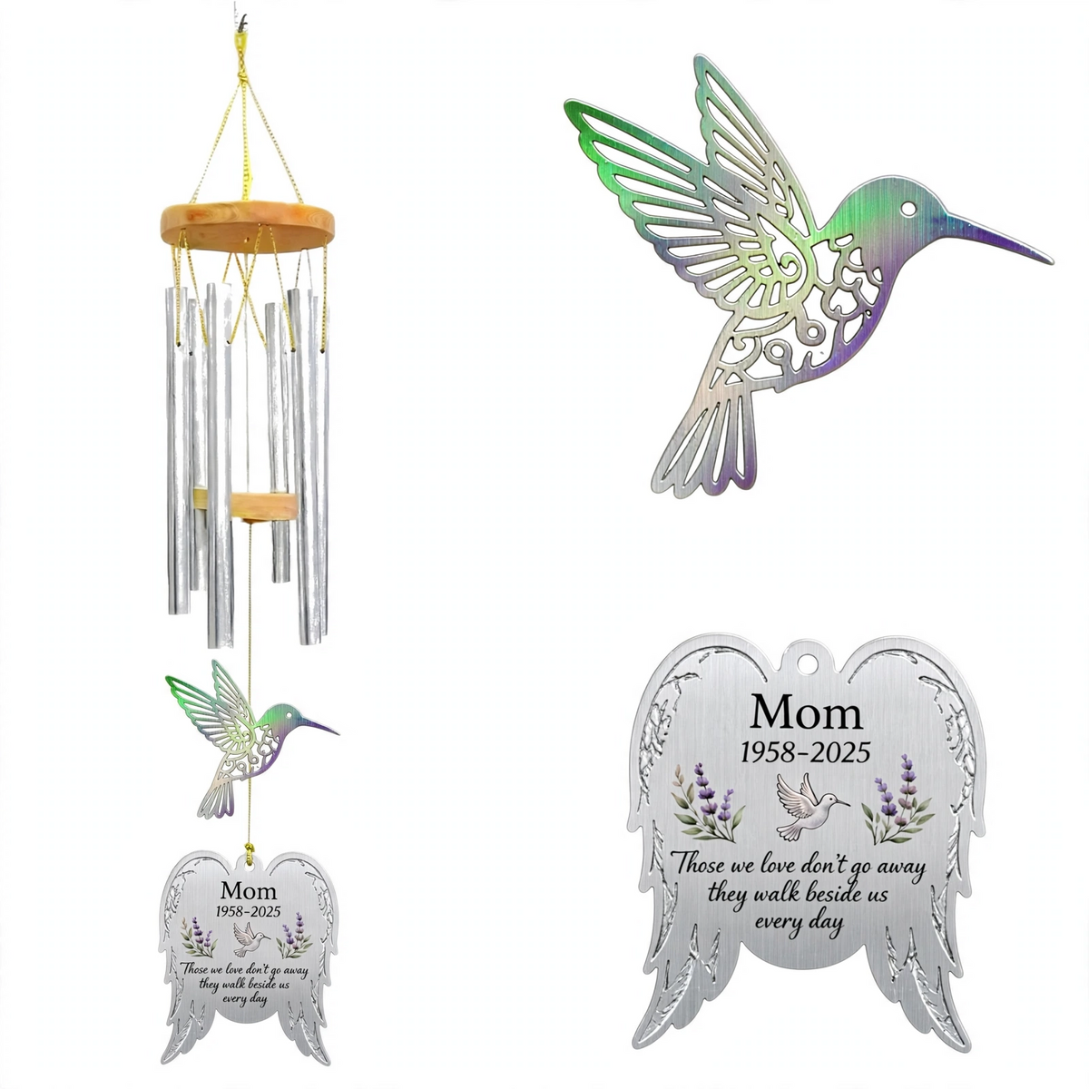 Personalized Memorial Wind Chimes For Loss Of Mother, Silver Angel Wings Hummingbird