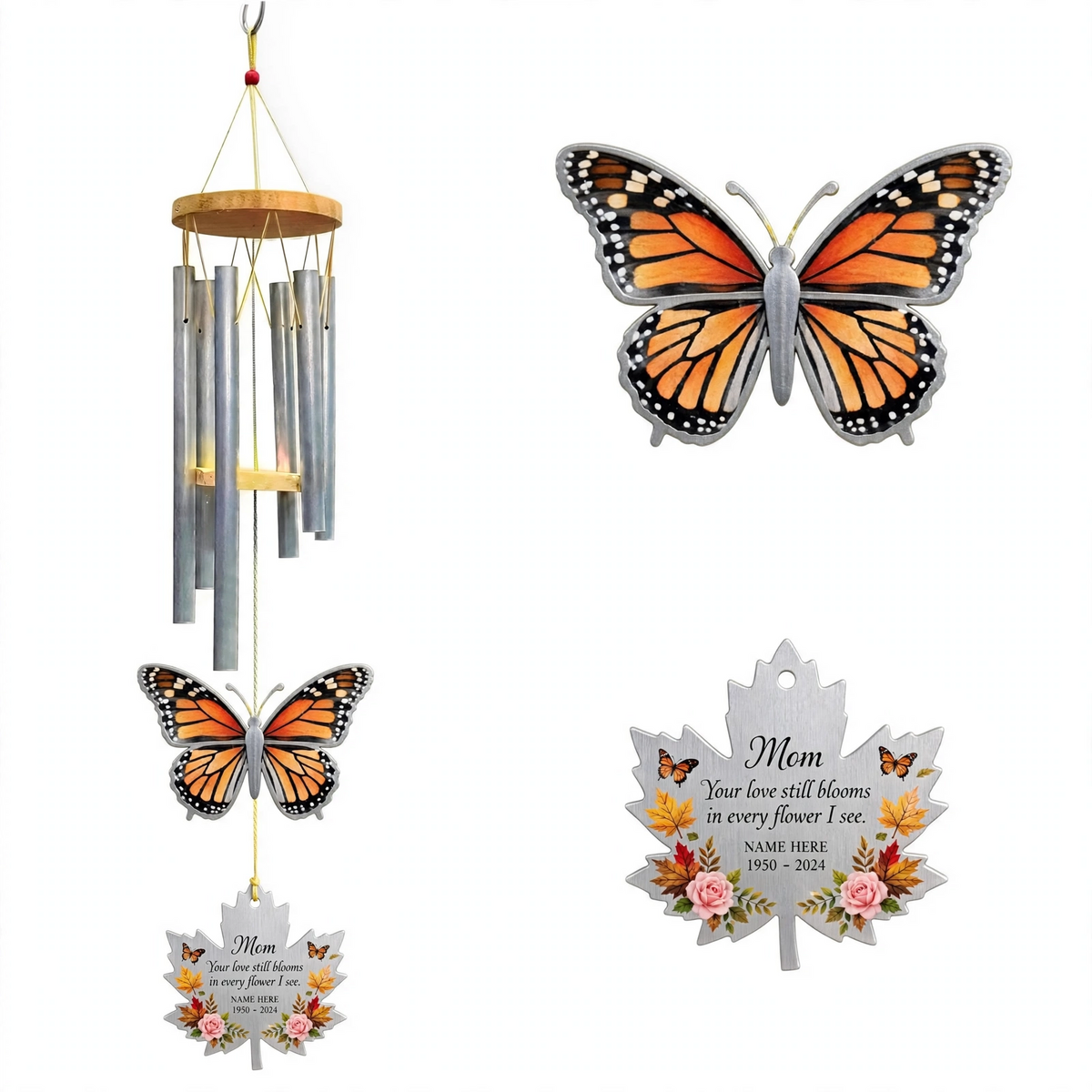 Personalized Memorial Wind Chimes For Loss Of Mother, Silver Maple Leaf Monarch Butterfly Plaque