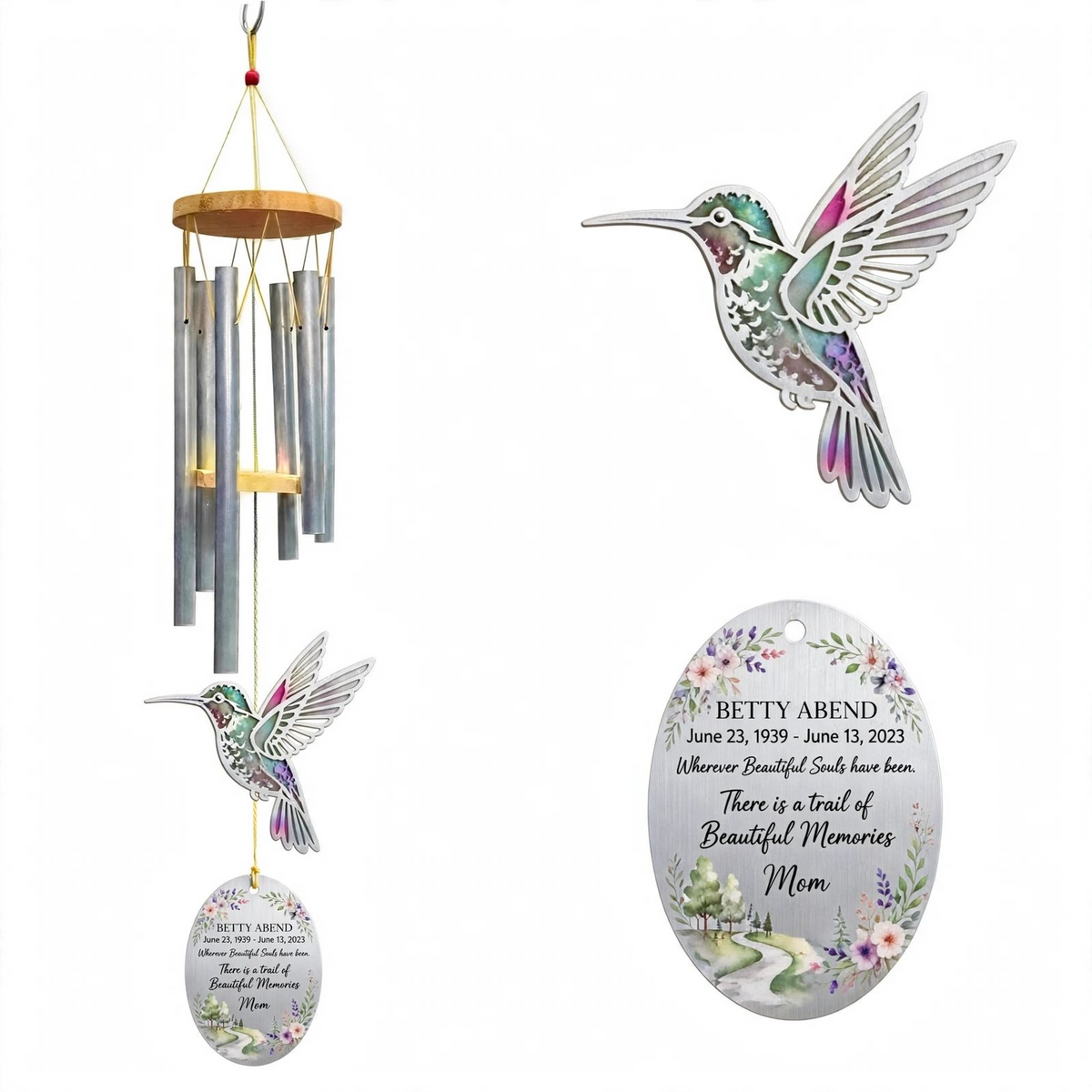 Personalized Memorial Wind Chimes For Loss Of Mother, Silver Oval Plaque Watercolor Hummingbird