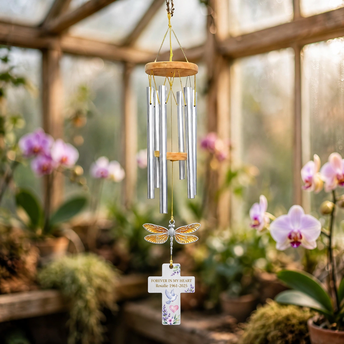 Personalized Memorial Wind Chimes For Loss Of Mother, Golden Dragonfly