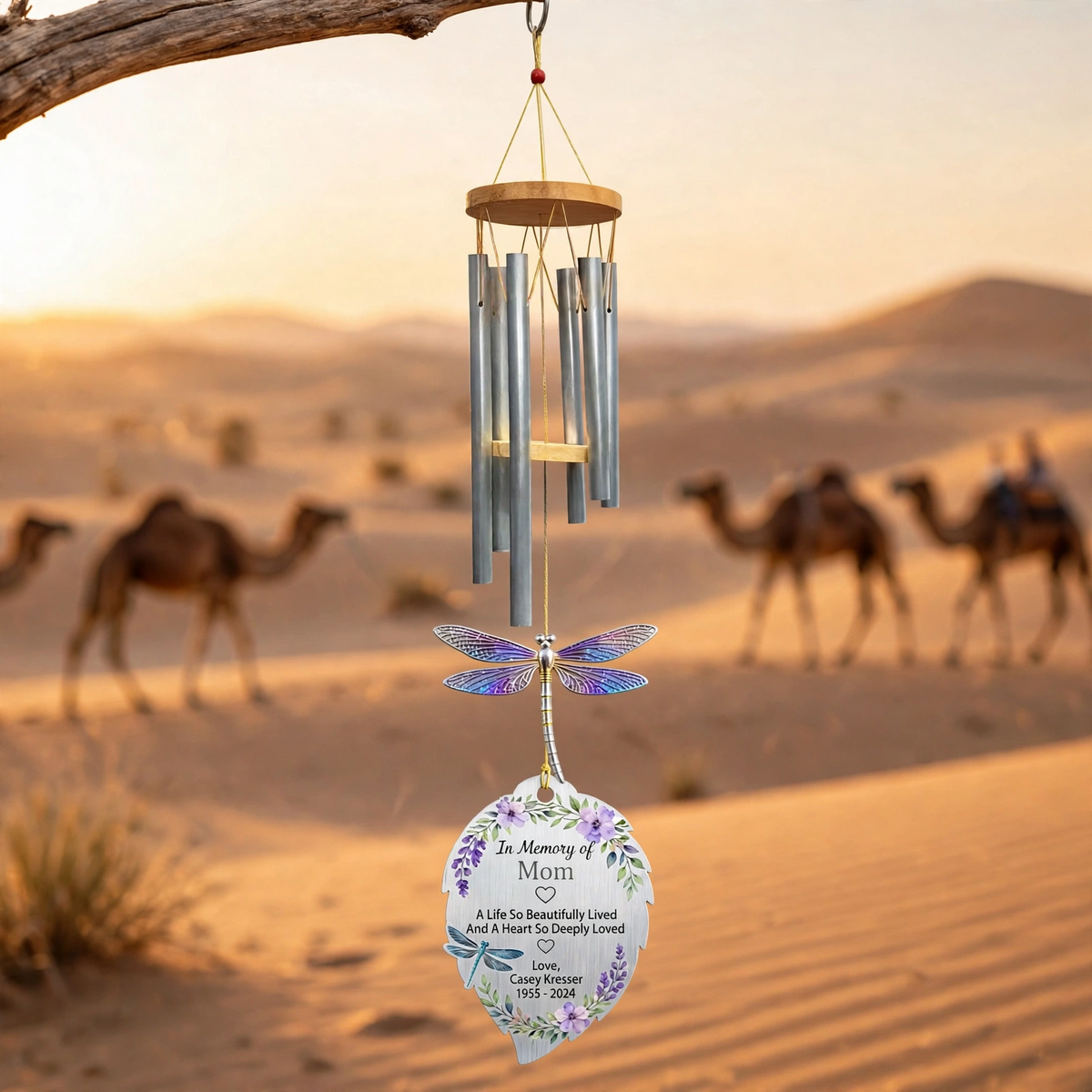 Personalized Memorial Wind Chimes For Loss Of Mother, Silver Feather Leaf Dragonfly
