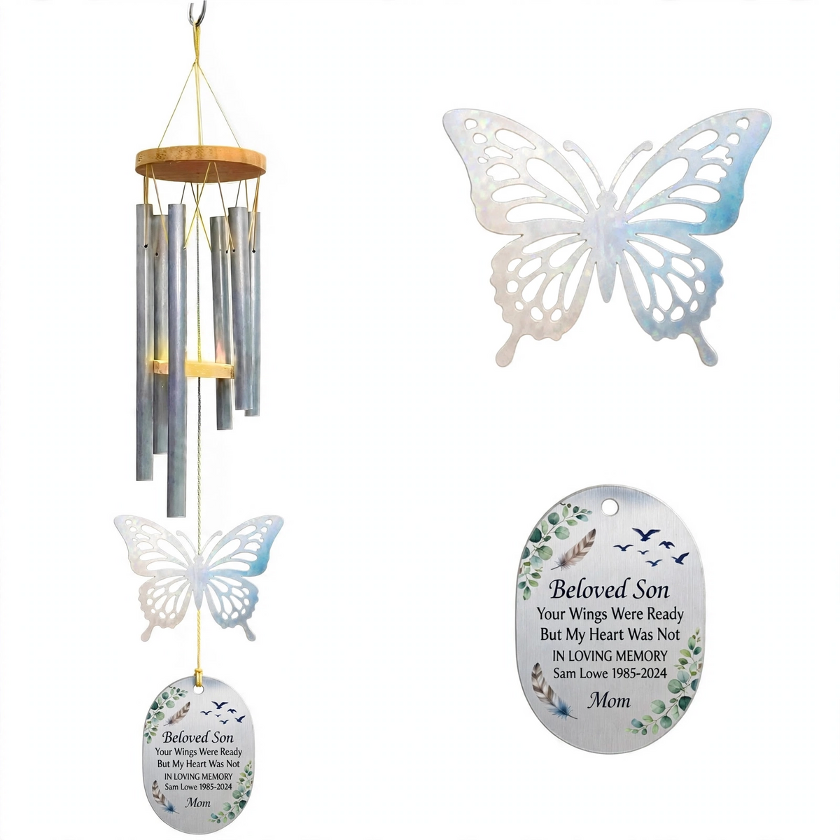 Personalized Memorial Wind Chimes For Loss Of Mother, Silver Iridescent Butterfly