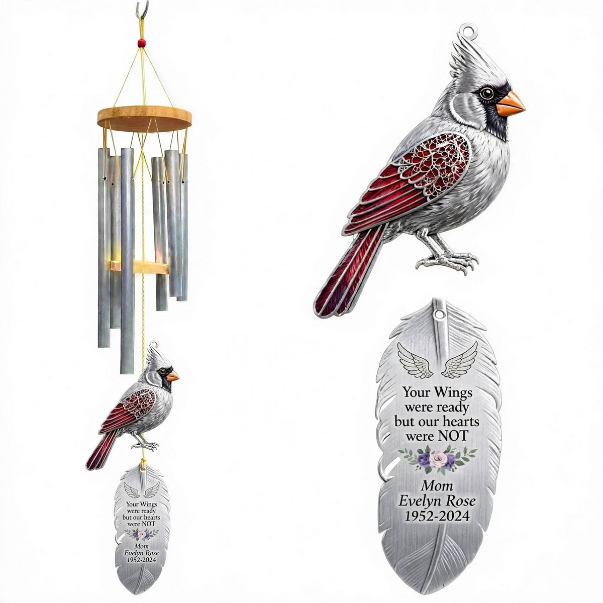 Personalized Memorial Wind Chimes For Loss Of Mother, Silver Feather, Red Cardinal