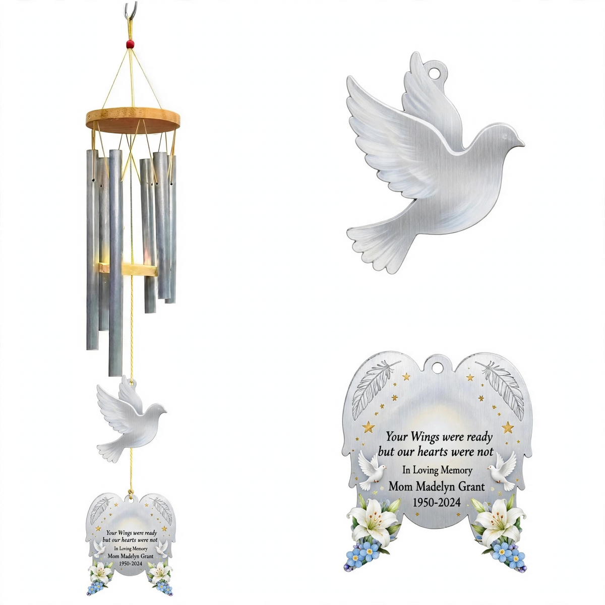 Personalized Memorial Wind Chimes For Loss Of Mother, Peace Dove Lily Plaque