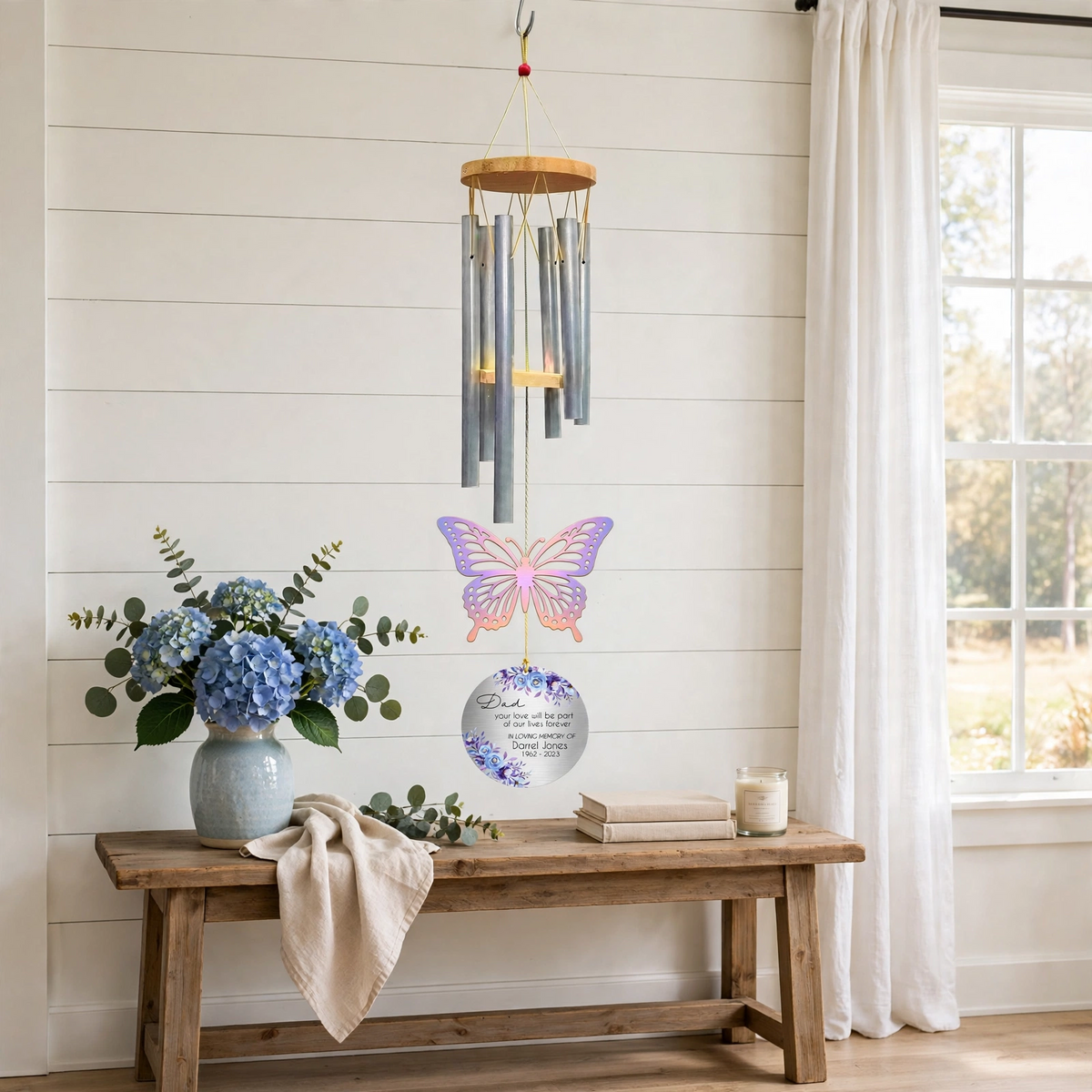Memorial Wind Chimes For Loss Of Father, Personalized Dad Butterfly Sympathy Gift