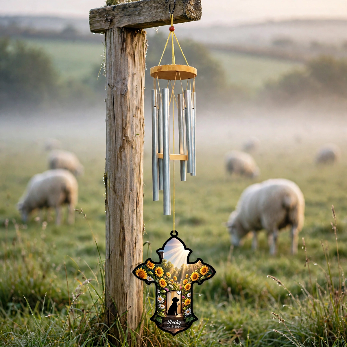 Sunflower Personalized Rainbow Bridge Wind Chime, Dog Memorial Gift, Outdoor Garden Decor