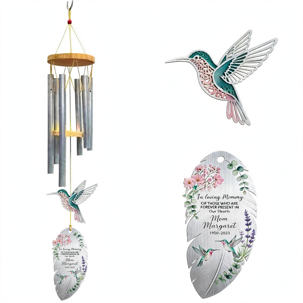 Personalized Memorial Wind Chimes For Loss Of Mother, Silver Feather Hummingbird