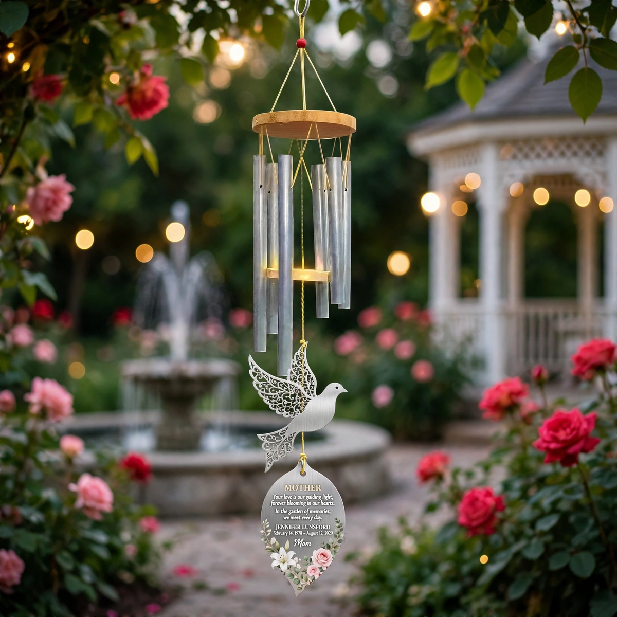 Personalized Memorial Wind Chimes For Loss Of Mother, Peace Dove Filigree