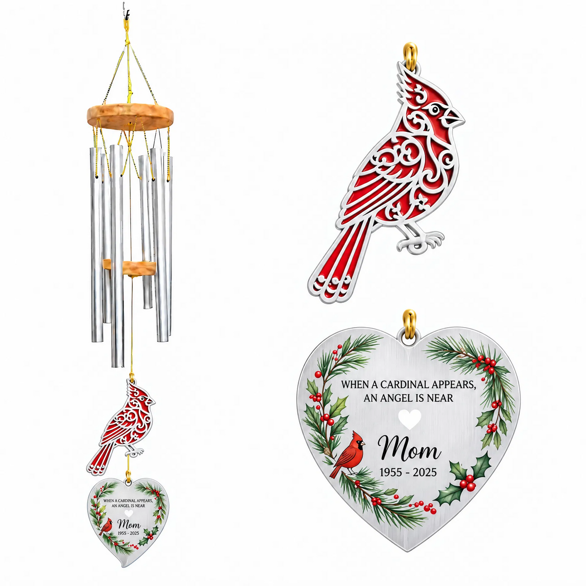 Personalized Memorial Wind Chimes For Loss Of Mother, Cardinal Plaque Sympathy Gift