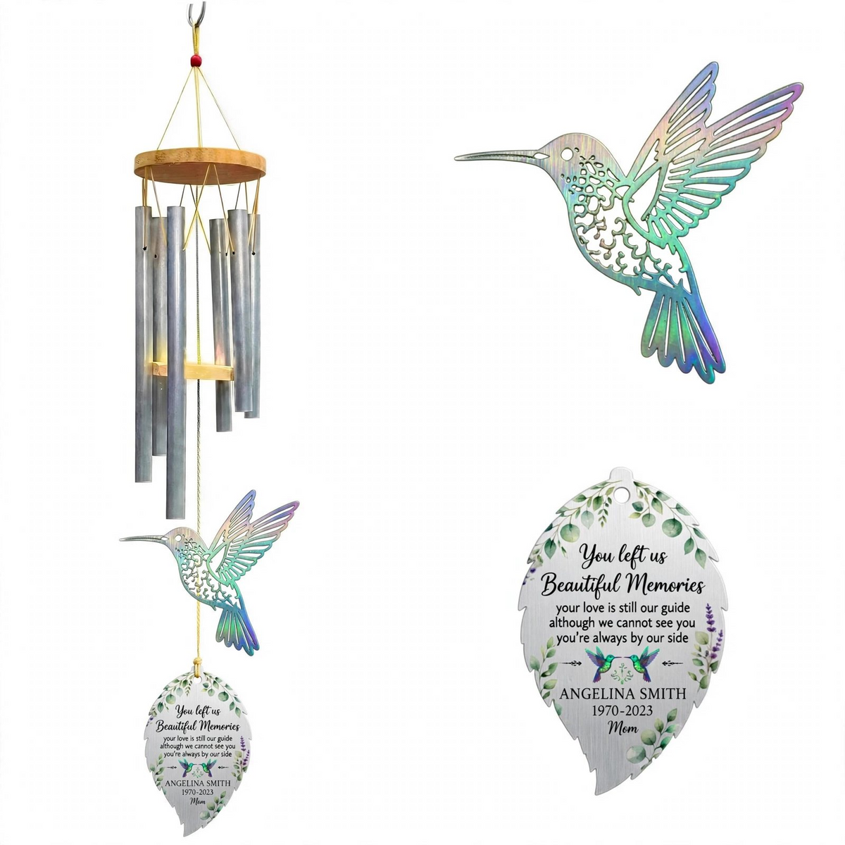 Personalized Memorial Wind Chimes For Loss Of Mother, Iridescent Hummingbird