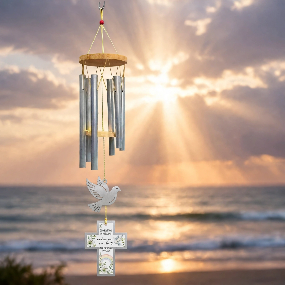 Personalized Memorial Wind Chimes For Loss Of Mother, Silver Cross Peace Dove