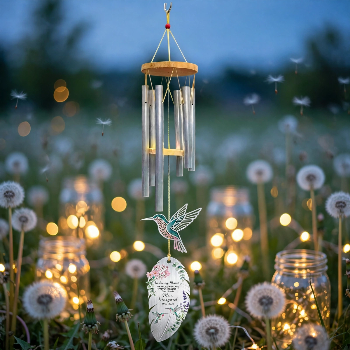 Personalized Memorial Wind Chimes For Loss Of Mother, Silver Feather Hummingbird