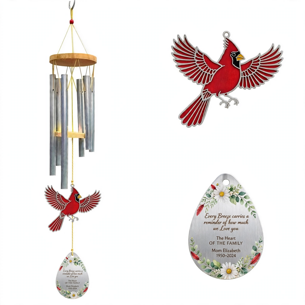 Personalized Memorial Wind Chimes For Loss Of Mother, Silver Red Cardinal