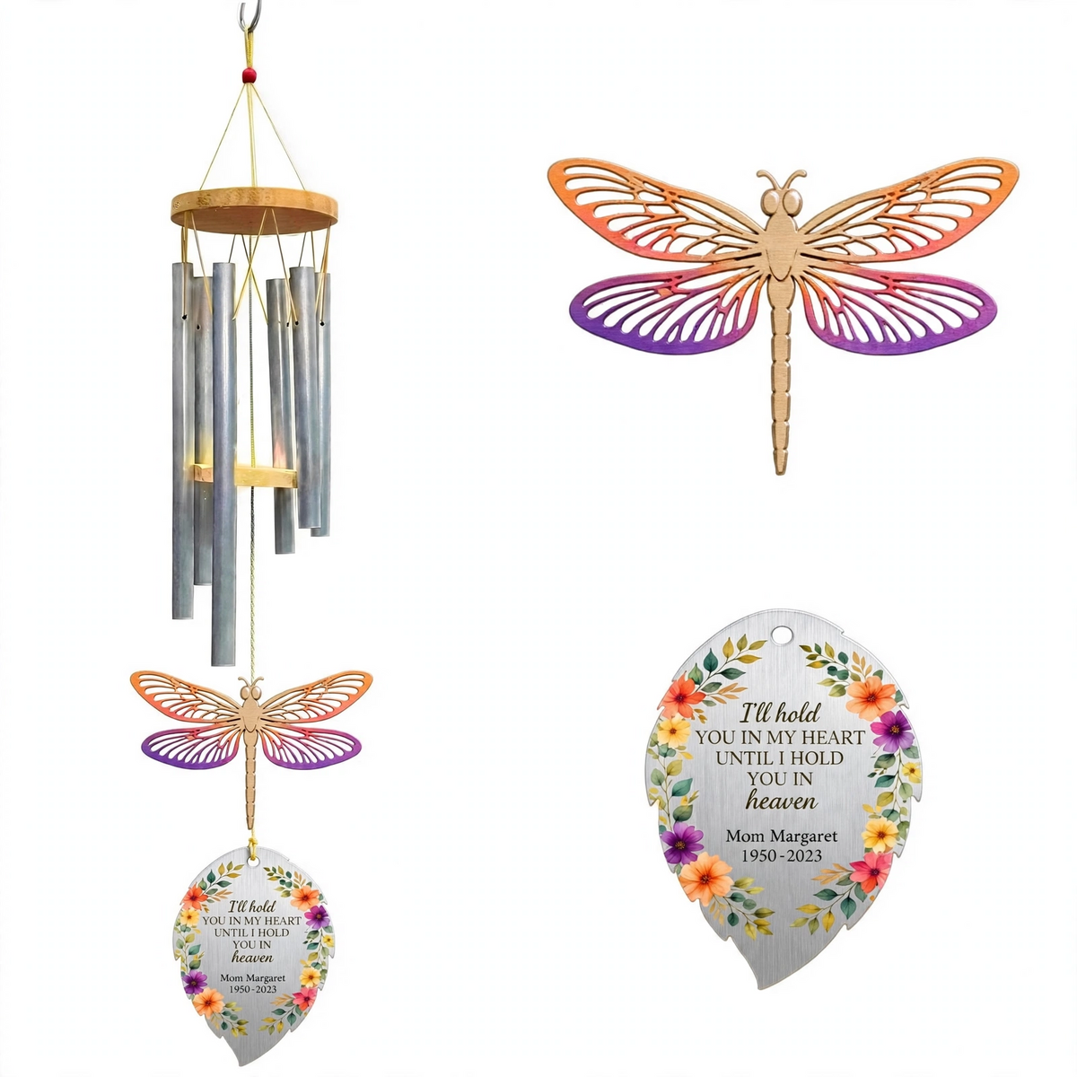 Personalized Memorial Wind Chimes For Loss Of Mother, Silver Leaf Sunset Dragonfly