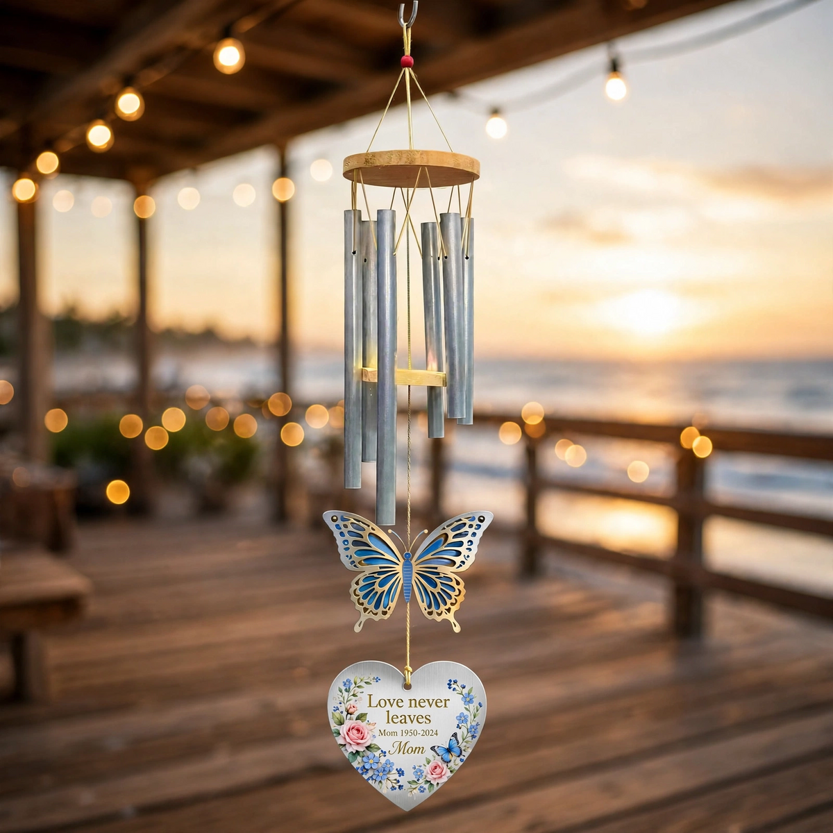 Personalized Memorial Wind Chimes For Loss Of Mother, Gold Butterfly