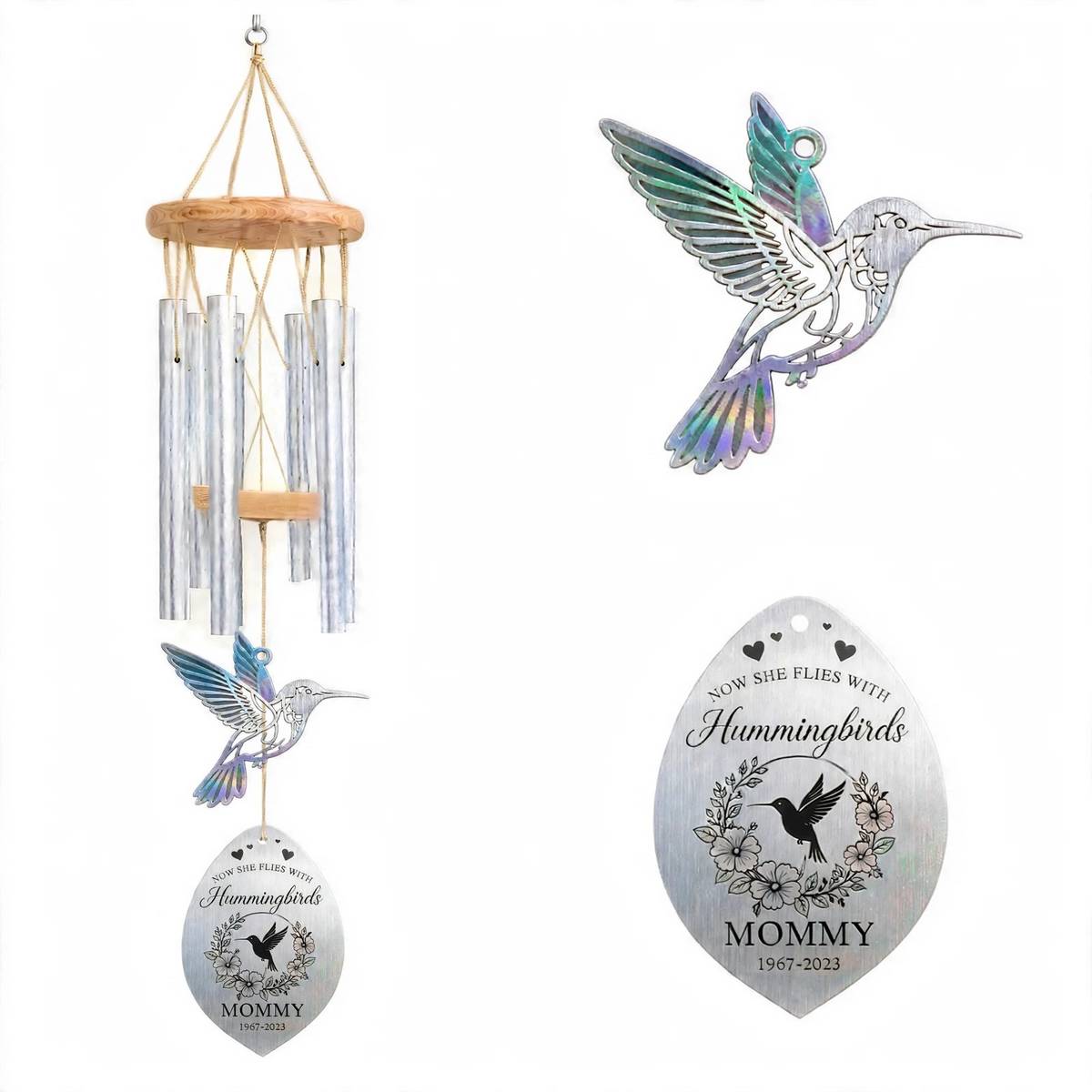 Personalized Memorial Wind Chimes For Loss Of Mother, Teal Purple Hummingbird Plaque, Aluminum Charm