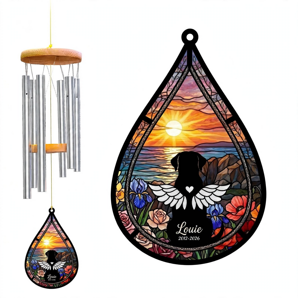 Rainbow Bridge Wind Chime Dog Teardrop Stained Glass Pet Memorial