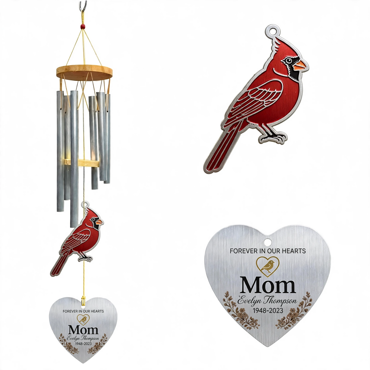 Personalized Memorial Wind Chimes For Loss Of Mother, Silver Heart Red Cardinal Plaque