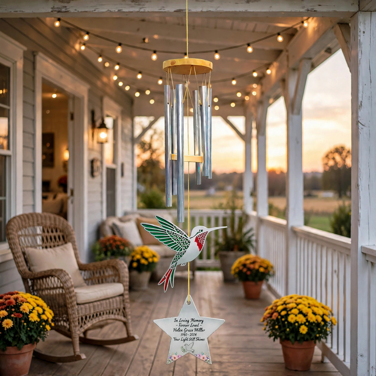 Personalized Memorial Wind Chimes, Star Pendant Hummingbird Chime