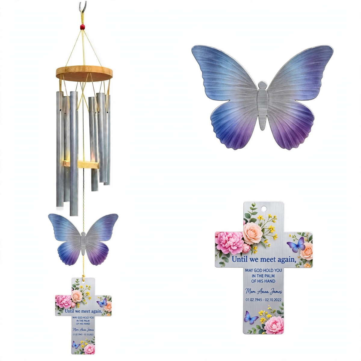 Personalized Memorial Wind Chimes For Loss Of Mother Silver Cross Blue Purple Butterfly