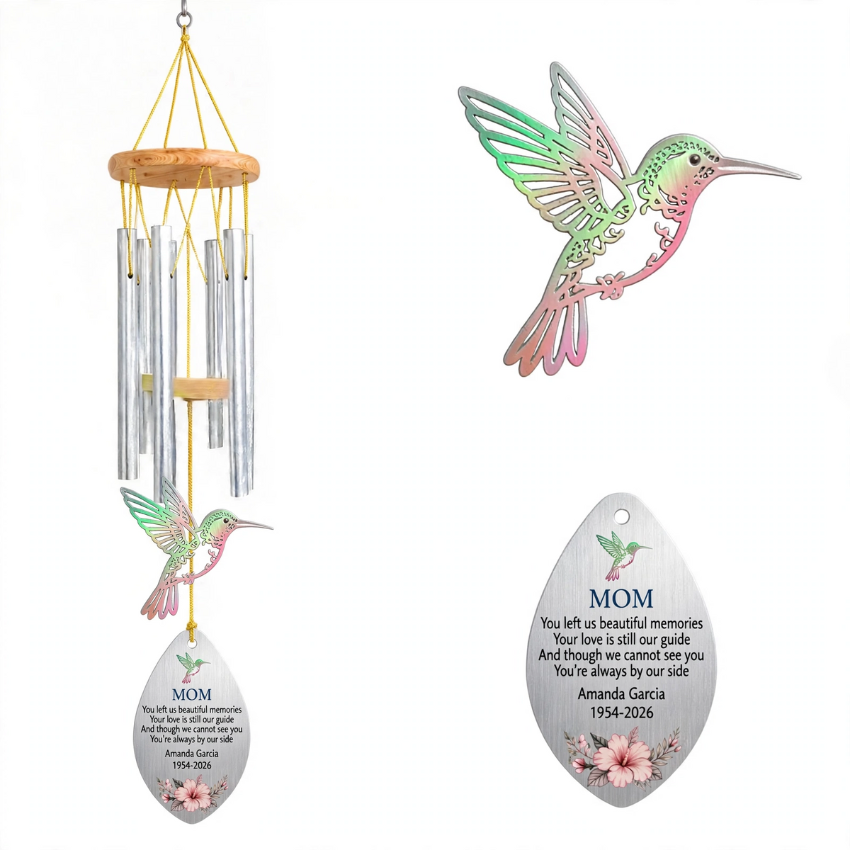 Personalized Memorial Wind Chimes For Loss Of Mother, Iridescent Hummingbird