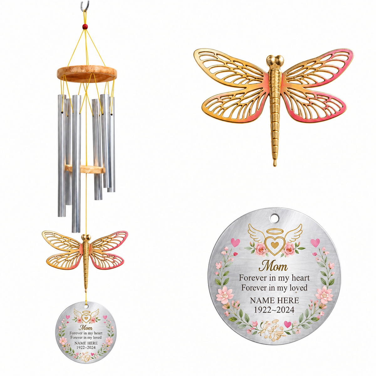 Personalized Memorial Wind Chimes For Loss Of Mother, Gold Dragonfly