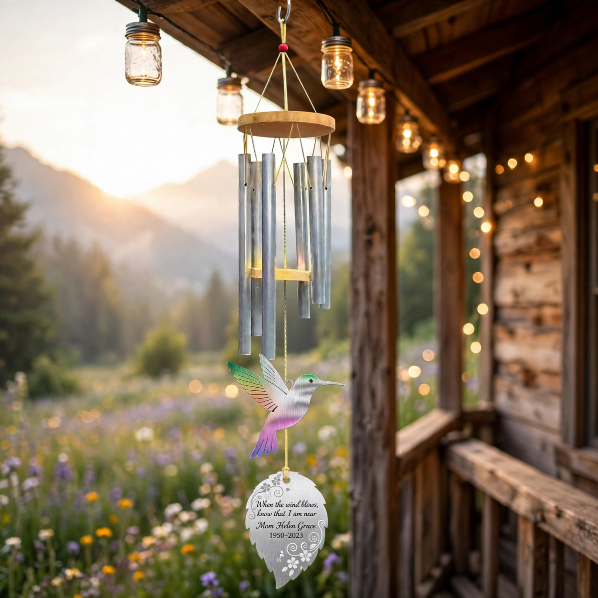 Personalized Memorial Wind Chimes For Loss Of Mother, Silver Rainbow Hummingbird