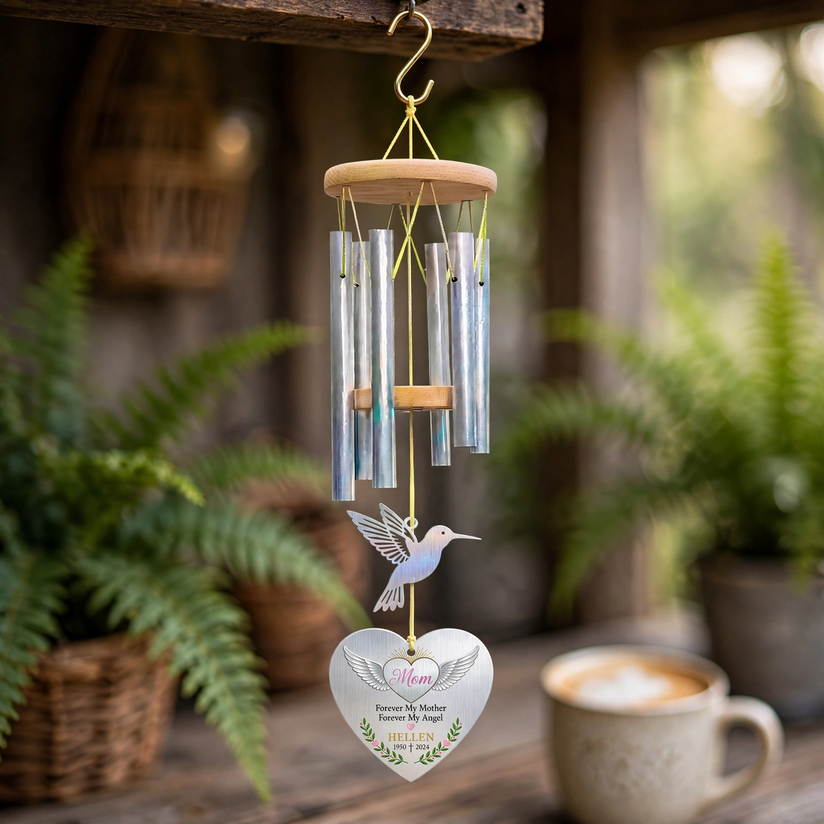 Personalized Memorial Wind Chimes For Loss Of Mother, Hummingbird Angel Wings
