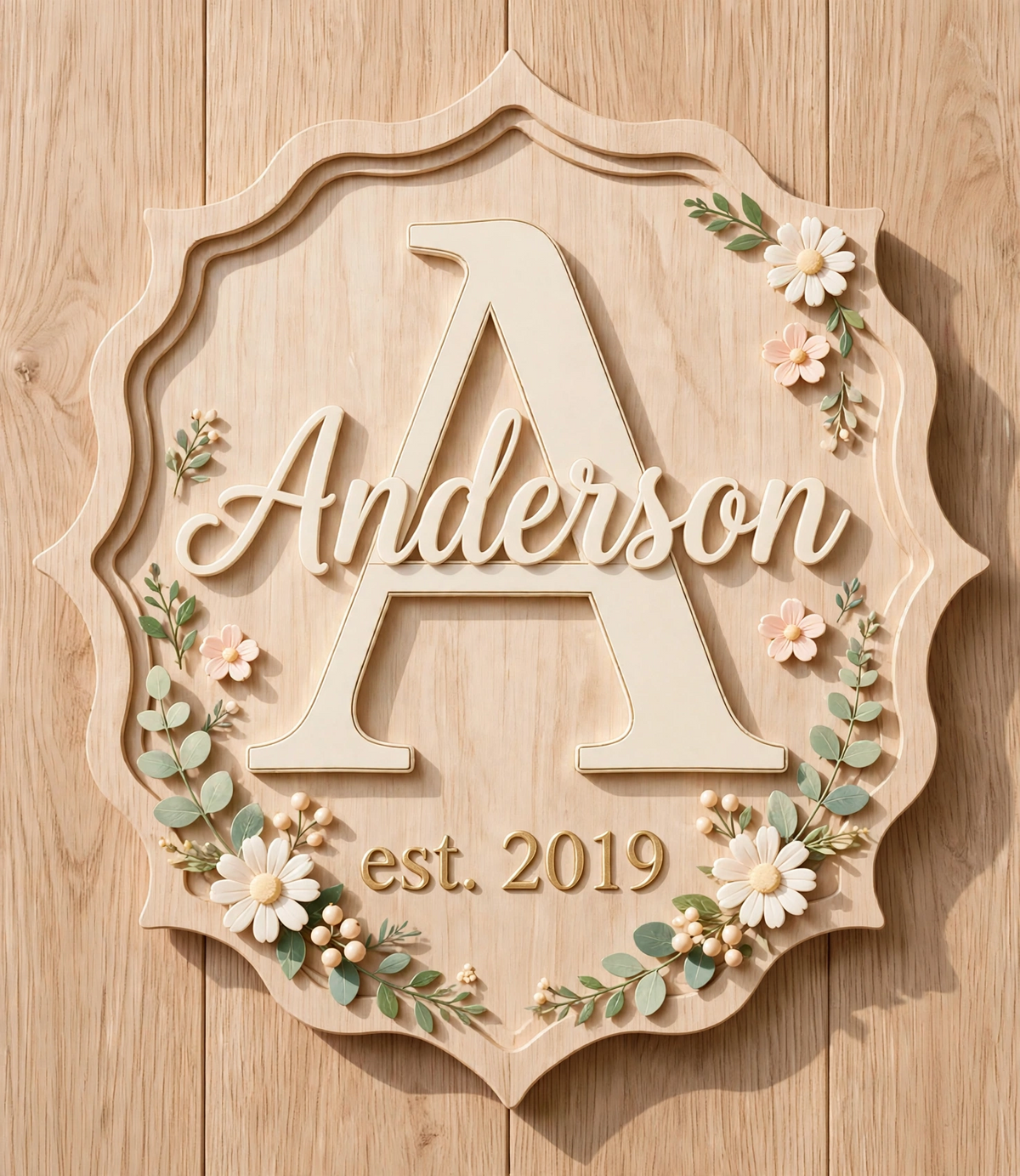 Sign With Last Name And Established, Light Wood Starburst Plaque