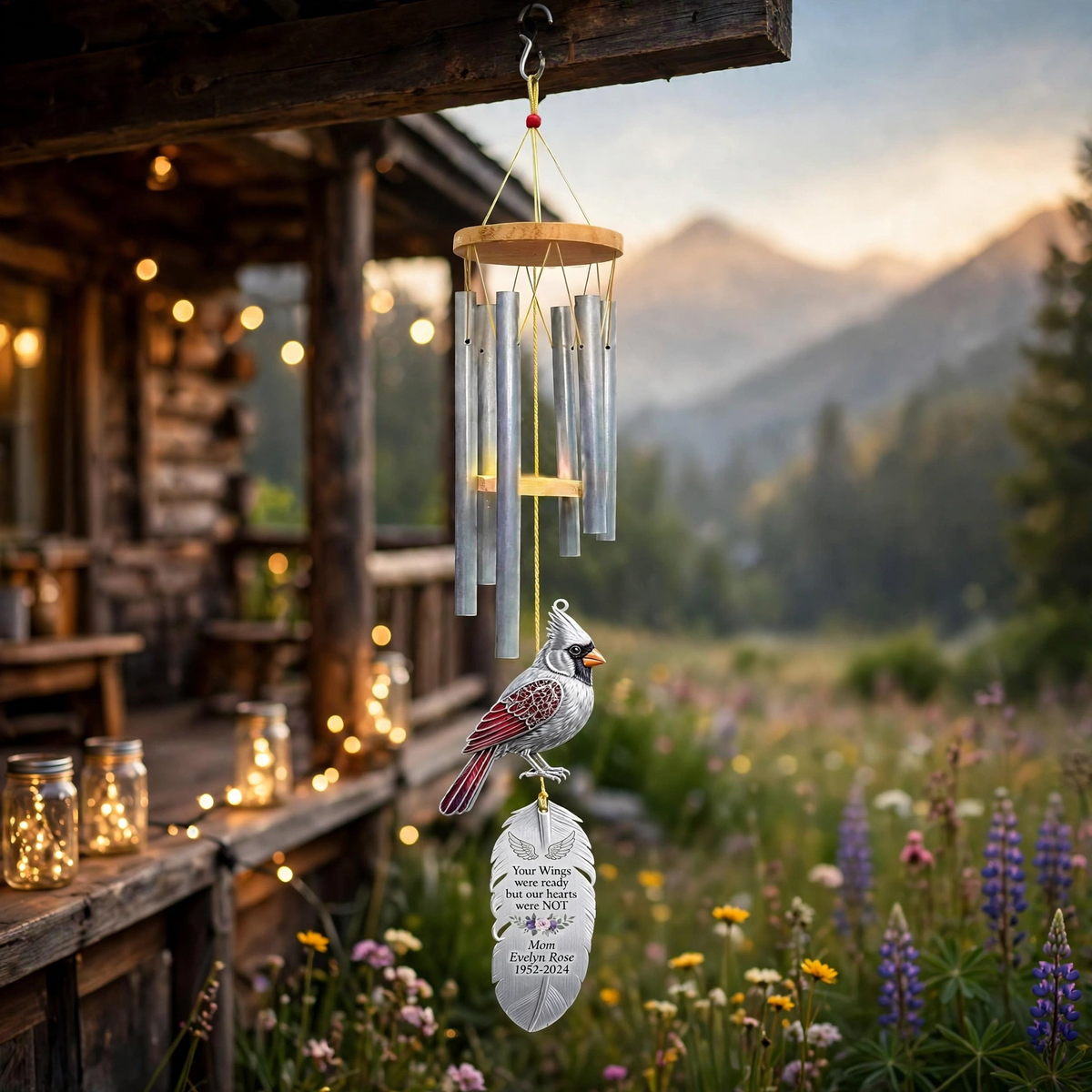 Personalized Memorial Wind Chimes For Loss Of Mother, Silver Feather, Red Cardinal