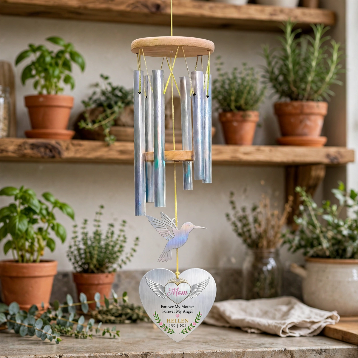 Personalized Memorial Wind Chimes For Loss Of Mother, Hummingbird Angel Wings