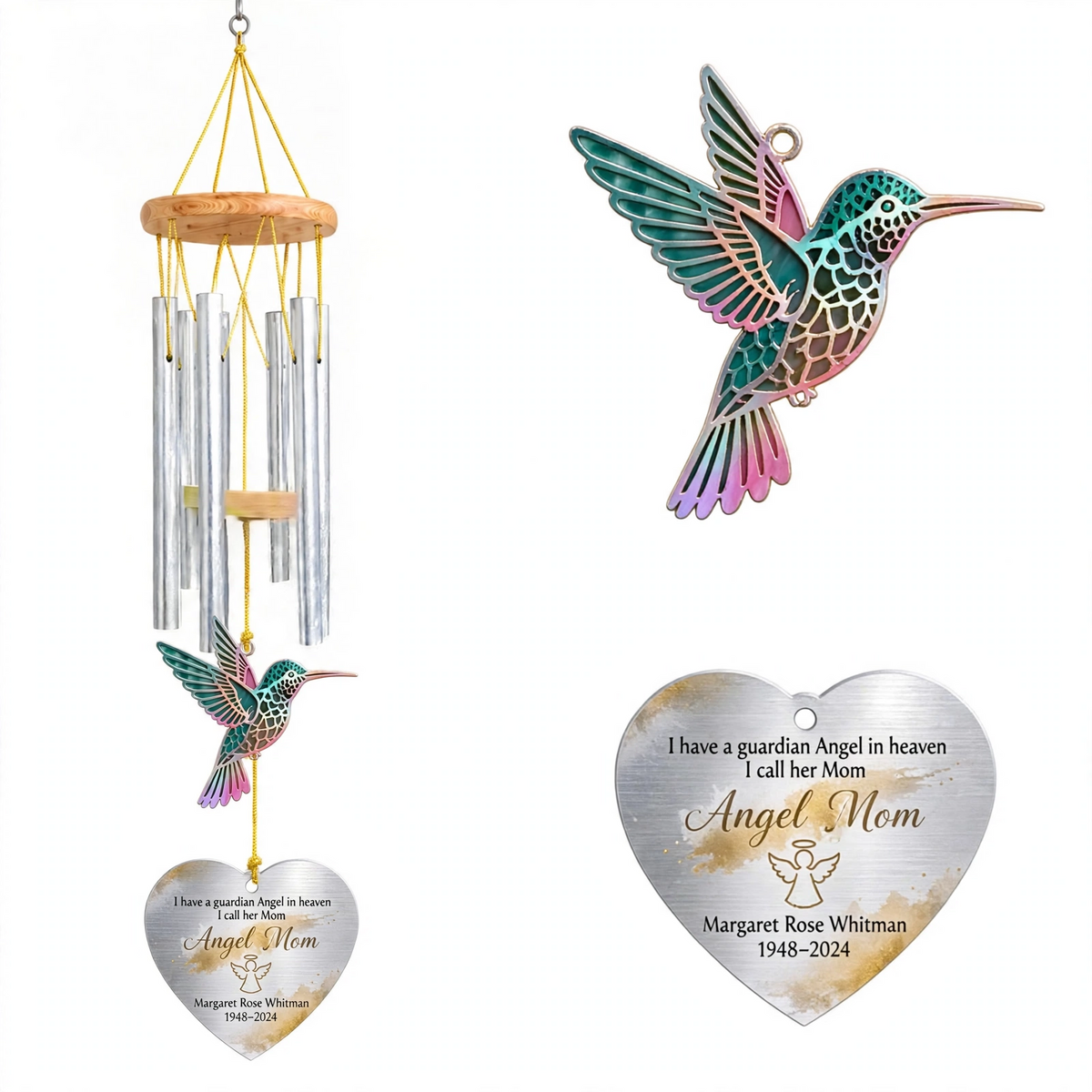 Personalized Memorial Wind Chimes For Loss Of Mother, Silver Heart Teal Pink Hummingbird