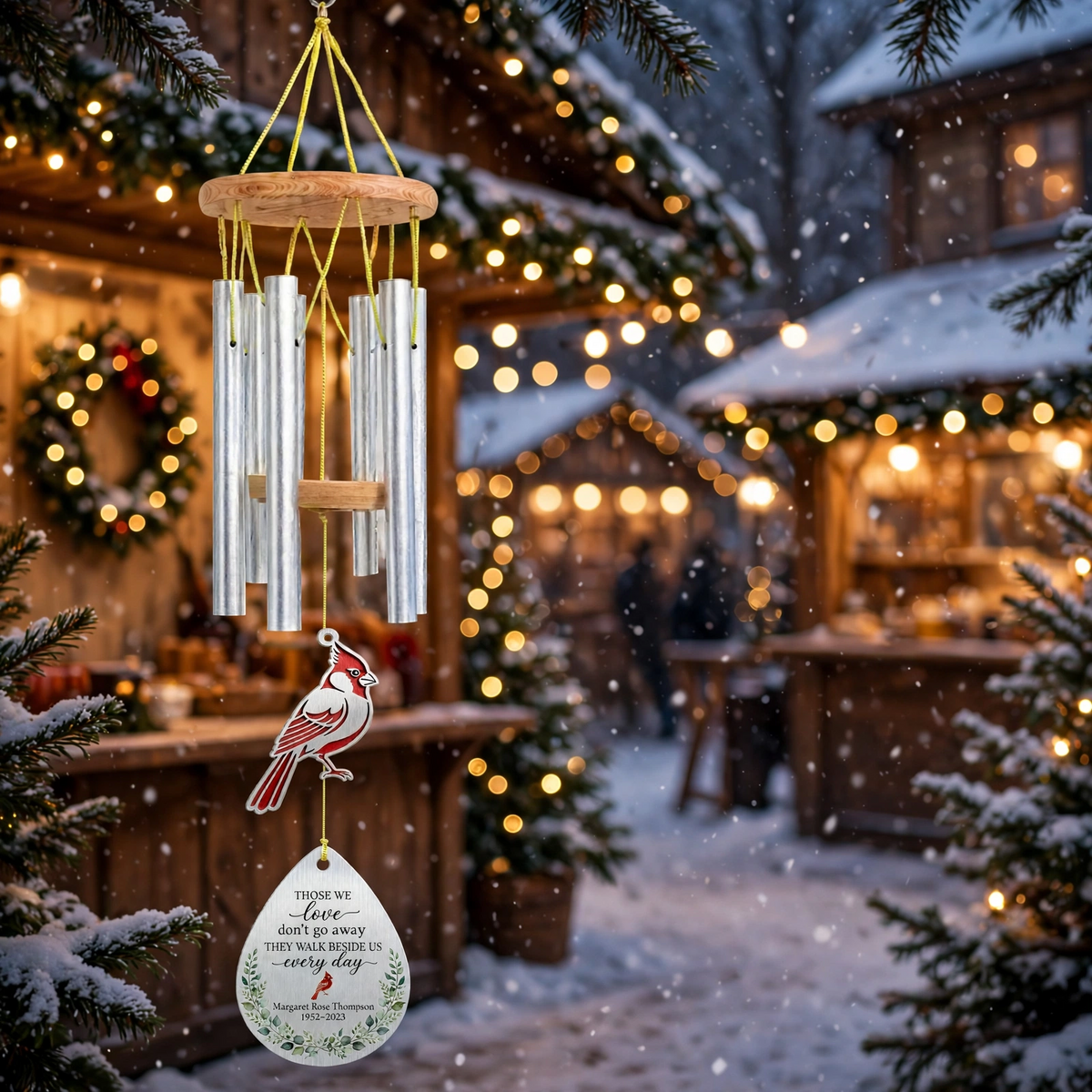Personalized Memorial Wind Chimes For Loss Of Mother, Silver Teardrop Red Cardinal Eucalyptus Plaque