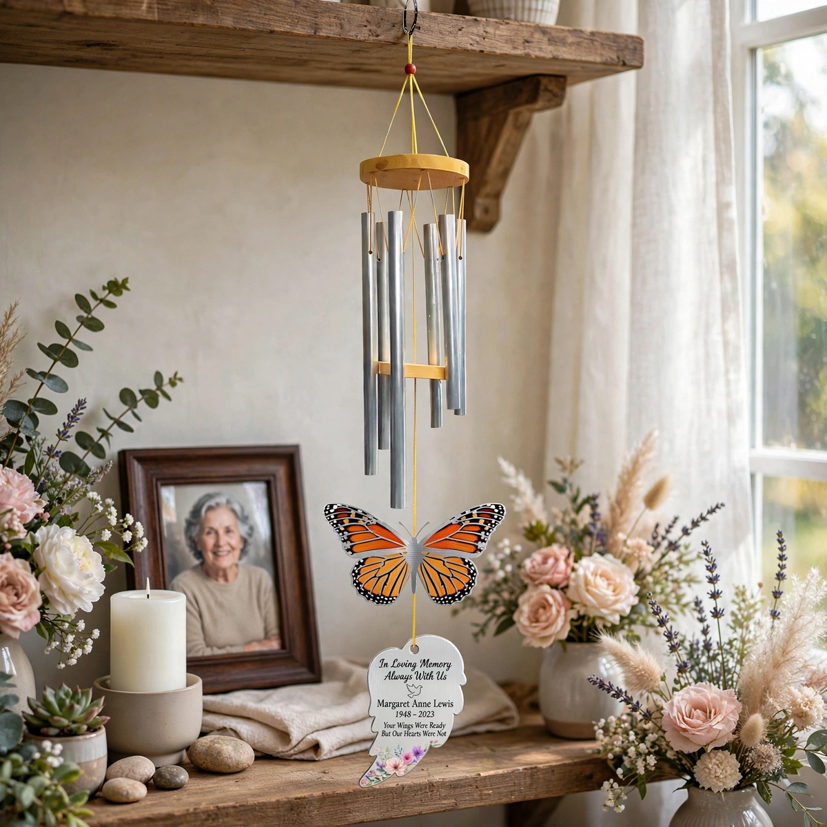 Personalized Memorial Wind Chimes Custom Monarch Butterfly Sympathy, Name Date Bereavement Gift
