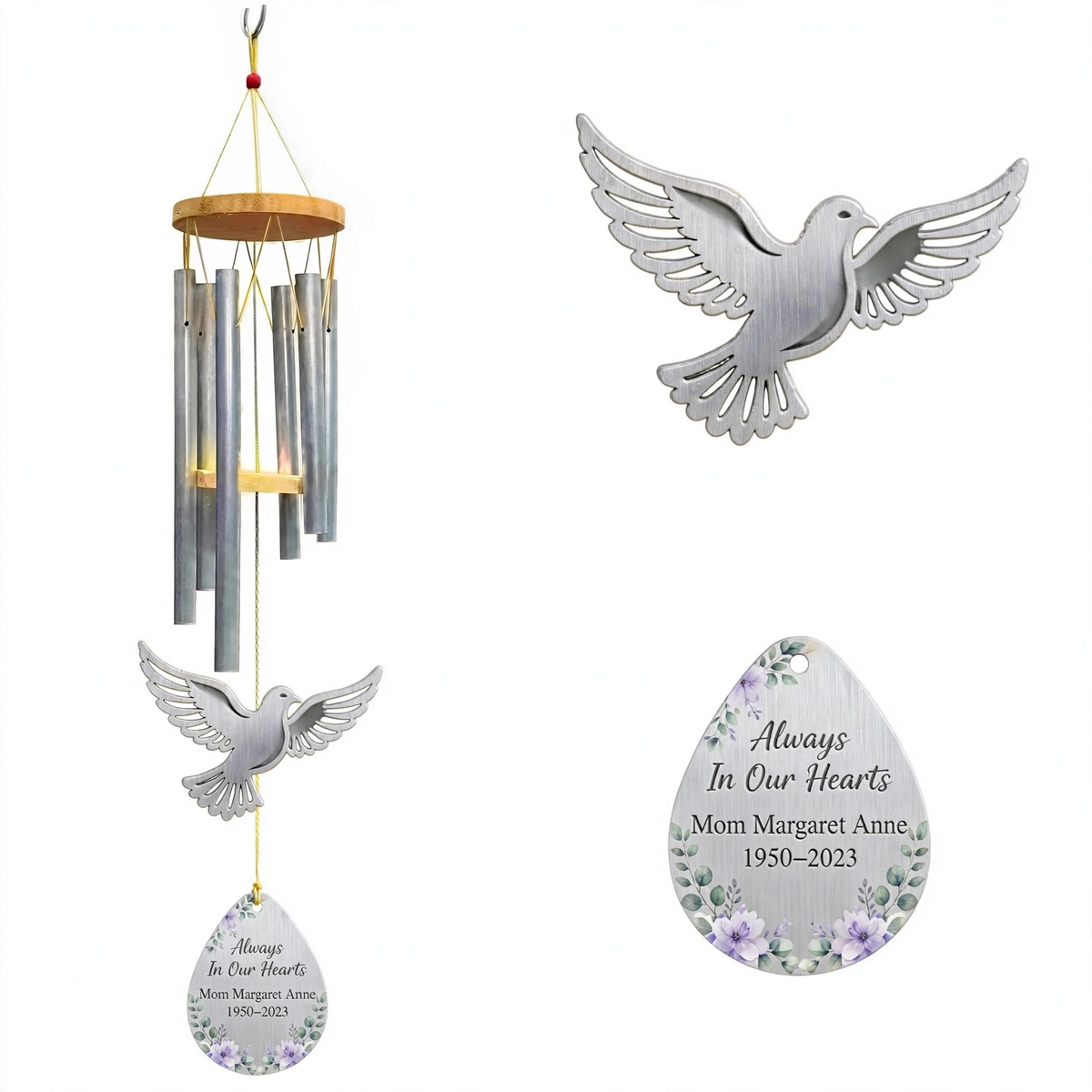 Personalized Memorial Wind Chimes For Loss Of Mother, Silver Teardrop Peace Dove