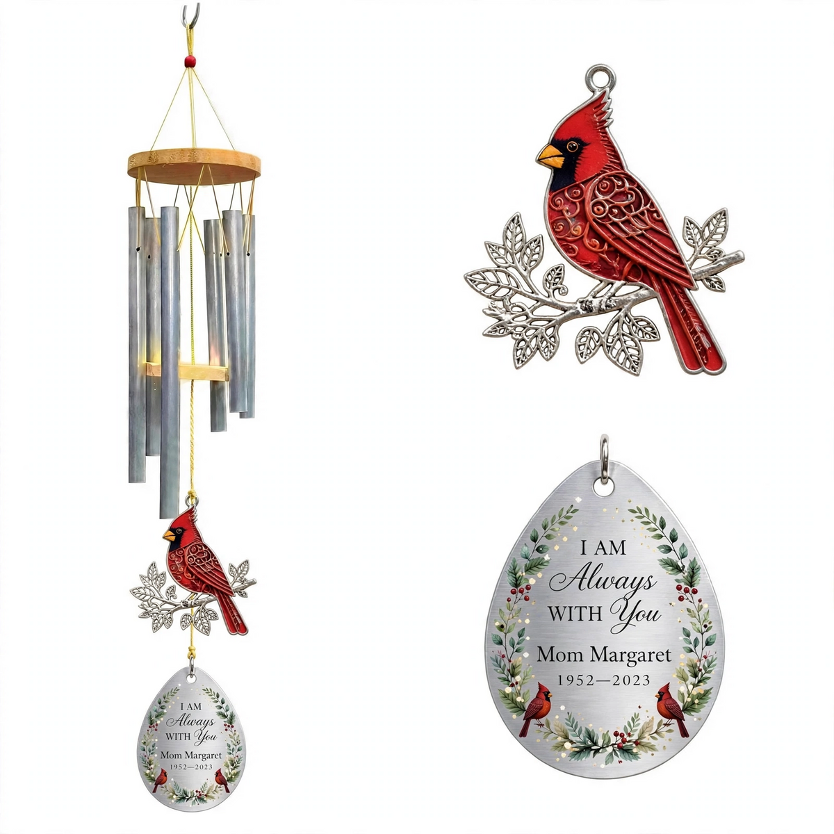 Personalized Memorial Wind Chimes For Loss Of Mother, Silver Teardrop Red Cardinal Berry
