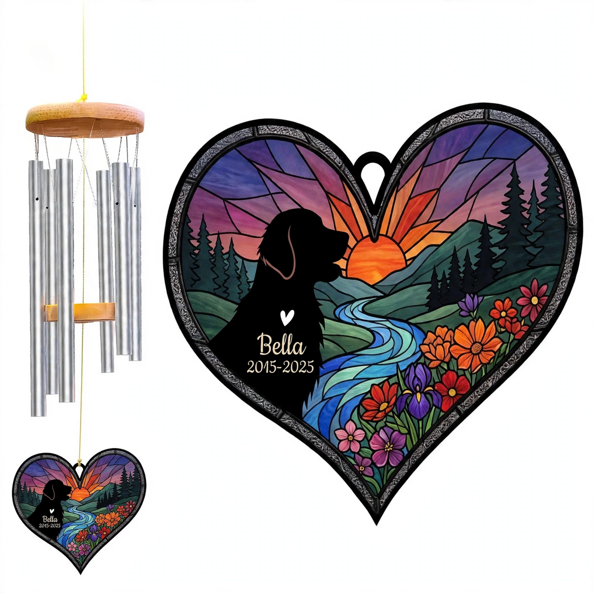 Rainbow Bridge Wind Chime, Dog Heart Personalized Pet Loss Memorial Chimes